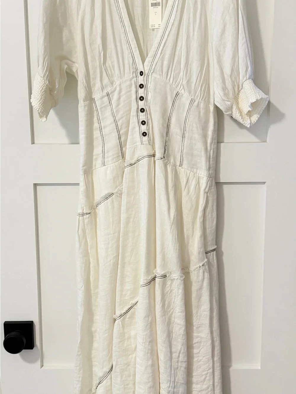 Anthropologie Cream V-Neck Tiered Button Maxi Dress - Picture 2 of 5